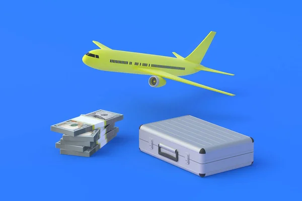 スーツケースはお金と飛行機の近く 豪華な観光旅行 高価な休暇だ 航空会社への再投資 チャーター便だ 航空による貨物輸送 3Dレンダリング — ストック写真