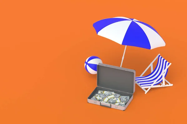 Koffer Mit Geld Der Nähe Von Strandkorb Ball Und Regenschirm — Stockfoto