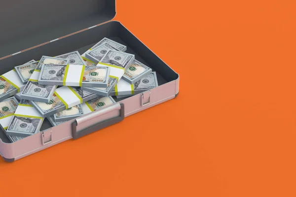 Open metal suitcase with stack of dollars. Transportation of cash. Money cashback concept. Big win, jackpot. Financial savings, investments, fines. Payment of taxes. Business profitability. 3d render