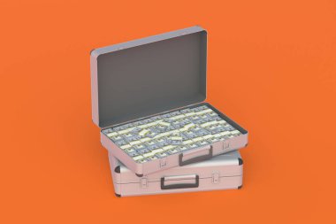 Dolarlarla dolu metal bir bavul. Nakit taşımacılığı. Para bozdurma konsepti. Büyük kazanç, büyük ikramiye. Finansal tasarruflar, yatırımlar, para cezaları. Vergi ödemesi. İş karlılığı. 3d hazırlayıcı