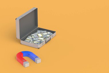 Mıknatısın yanındaki banknotlarla dolu çanta. Bir iş için para toplamak, yeni girişimler. Yatırım portföyleri çekici. Finans birikimi. Manyetik başarı. Uzayı kopyala 3d hazırlayıcı