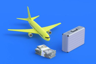 Çanta para ve uçağın yanında. Lüks turist seyahati. Pahalı bir tatil. Yatırım, havayollarına yeniden yatırım. Charter uçuşları. Havacılıkla kargo taşımacılığı. 3d hazırlayıcı