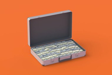 Dolarlarla dolu metal bir bavul. Nakit taşımacılığı. Para bozdurma konsepti. Büyük kazanç, büyük ikramiye. Finansal tasarruflar, yatırımlar, para cezaları. Vergi ödemesi. İş karlılığı. 3d hazırlayıcı