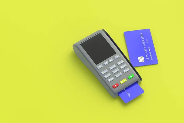 Přenosná Pokladna Plastovou Kreditní Kartou Žlutém Pozadí Rozumím Vykreslení — Stock fotografie