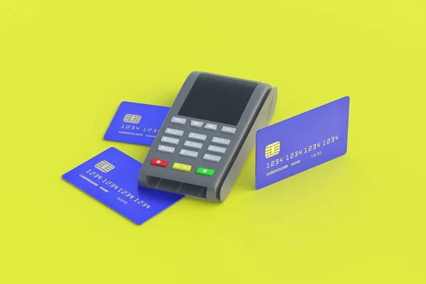 Caixa Registadora Portátil Com Cartão Crédito Plástico Fundo Amarelo Renderização — Fotografia de Stock