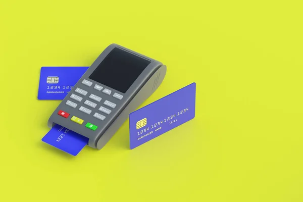 Přenosná Pokladna Plastovou Kreditní Kartou Žlutém Pozadí Rozumím Vykreslení — Stock fotografie