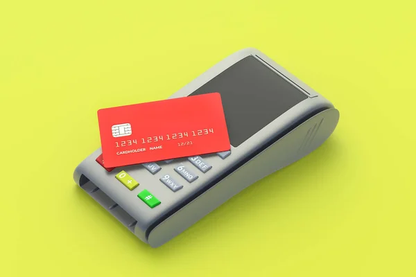 Přenosná Pokladna Plastovou Kreditní Kartou Žlutém Pozadí Vykreslení — Stock fotografie