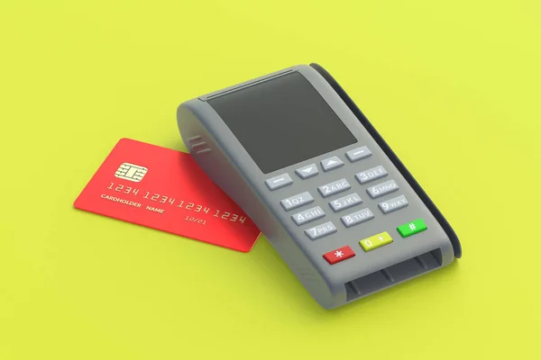 Caixa Registadora Portátil Com Cartão Crédito Plástico Fundo Amarelo Renderização — Fotografia de Stock