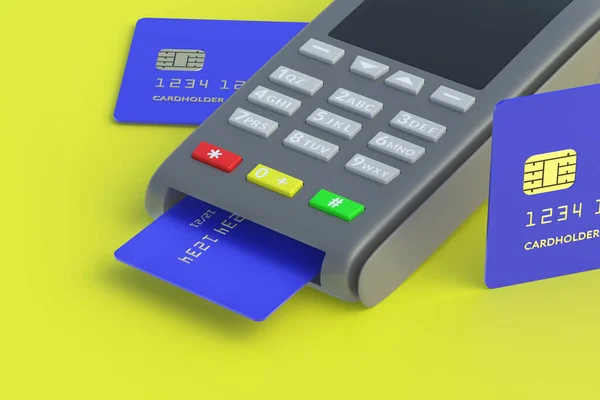 Přenosná Pokladna Plastovou Kreditní Kartou Žlutém Pozadí Vykreslení — Stock fotografie