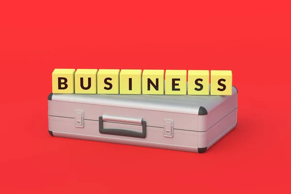 Metallic Suitcase Yellow Cubes Inscription Business Red Background Concept Finance — Stock Photo, Image