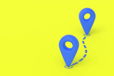 Sarı arkaplanda mavi harita işaretleyici simgesi. GPS işareti var. Coğrafi konum. Boşluğu kopyala