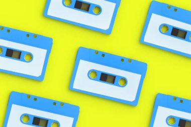 Sarı zemin üzerinde mavi renkli bantlar bulunan klasik ses kasetleri. Müzik deposu. Retro kartuş. 3d hazırlayıcı