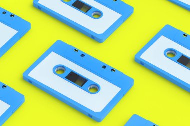 Sarı zemin üzerinde mavi renkli bantlar bulunan klasik ses kasetleri. Müzik deposu. Retro kartuş. 3d hazırlayıcı