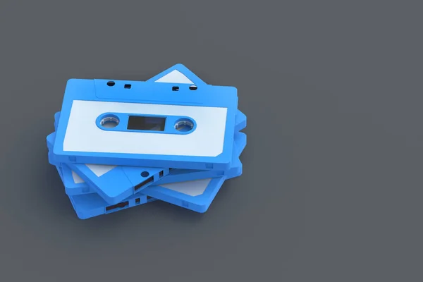 Haufenweise Alte Audiokassetten Mit Blauer Farbe Auf Grauem Hintergrund Musikspeicher — Stockfoto