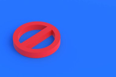 Mavi arka planda kırmızı renk yasağı işareti. Uzayı kopyala 3d oluşturma