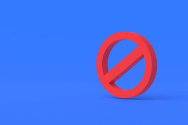 Mavi arka planda kırmızı renk yasağı işareti. Uzayı kopyala 3d oluşturma