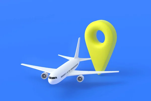 Avião Perto Marca Amarela Gps Geolocalização Fundo Azul Chegada Partida — Fotografia de Stock