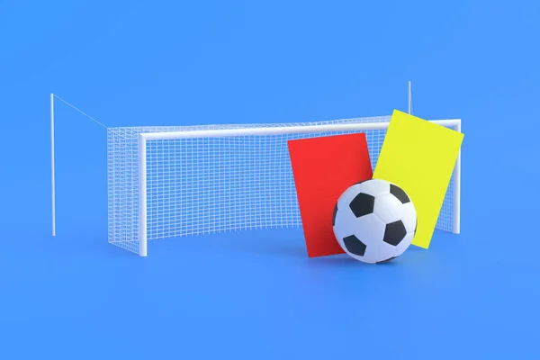 サッカーボールと赤 青の背景にネットとゴールポスト付近の黄色のカード 余暇のためのゲーム 国際大会での失格 スポーツ用具 3Dレンダリング — ストック写真
