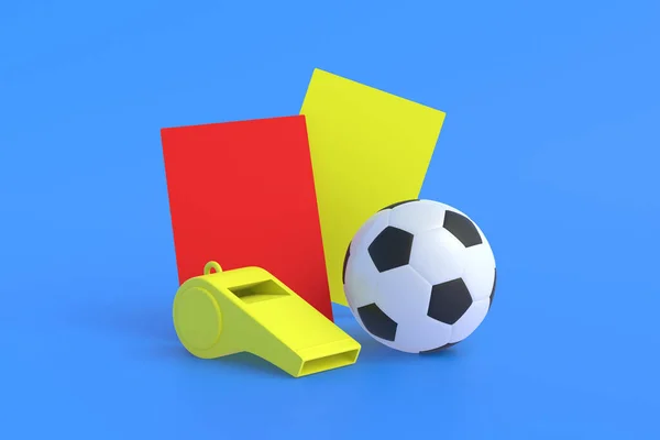 Voetbal Rode Gele Kaarten Buurt Fluiten Blauwe Achtergrond Spelen Voor — Stockfoto
