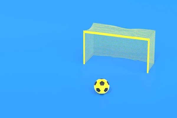 Yellow soccer ball and goal post with net on blue background. Games for hobbies and leisure. International tournament, championship. Sports equipment. Copy space. 3d render