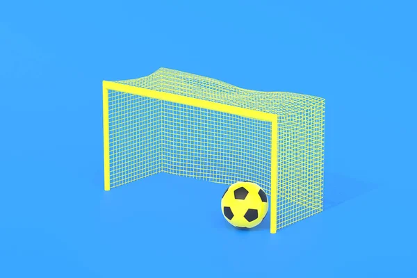 Yellow soccer ball and goal post with net on blue background. Games for hobbies and leisure. International tournament, championship. Sports equipment. 3d render