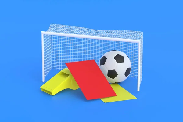 サッカーボールと赤 黄色のカードは 青の背景にゴールポストの近くに口笛を吹く 余暇のためのゲーム フェアプレーだ スポーツ用具 トーナメントのルール違反 サッカー開発 3Dレンダリング — ストック写真