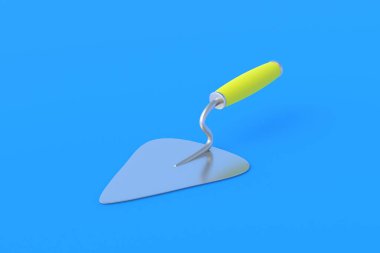 Mavi arka planda sarı saplı bir metal mala. Çimento için spatula, sıva. Binaların, evlerin inşaatı. Profesyonel iş aleti. 3d hazırlayıcı