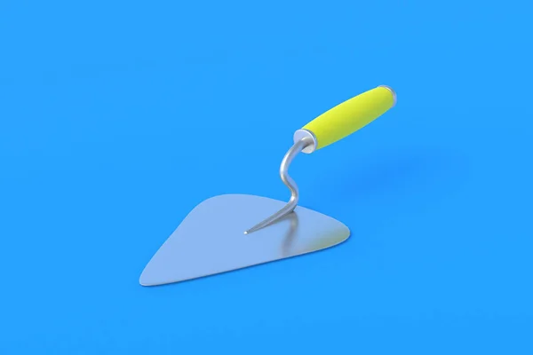 One Metal Trowel Yellow Handle Blue Background Spatula Cement Plaster — Stock Photo, Image