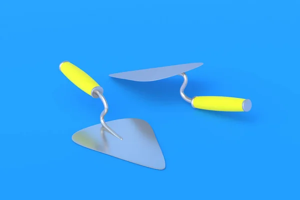 青の背景に黄色のハンドルを持つ金属製のトロール セメント用のスパチュラ 家の建設 プロ仕事道具 3Dレンダリング — ストック写真