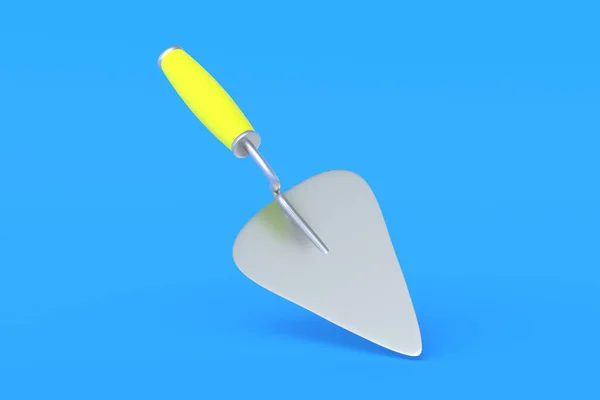 One Metal Trowel Yellow Handle Blue Background Spatula Cement Plaster — Stock Photo, Image