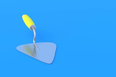 Mavi arka planda sarı saplı bir metal mala. Çimento için spatula, sıva. Binaların, evlerin inşaatı. Profesyonel iş aleti. Uzayı kopyala 3d hazırlayıcı