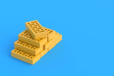 Mavi arka planda delinmiş kil tuğlalar yığını. Ev yapımı. Bina tadilatı. Uzayı kopyala 3d hazırlayıcı