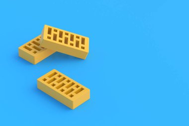 Mavi arka planda delinmiş kil tuğlalar. Ev yapımı. Bina tadilatı. Uzayı kopyala 3d hazırlayıcı