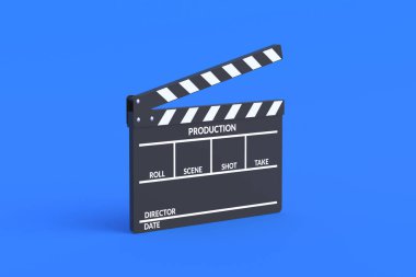 Mavi arka planda film alkışlaması tahtası. Film yapımı aksesuarlar. Sinematografi konsepti. Sinemada film. Kapatın. 3d hazırlayıcı