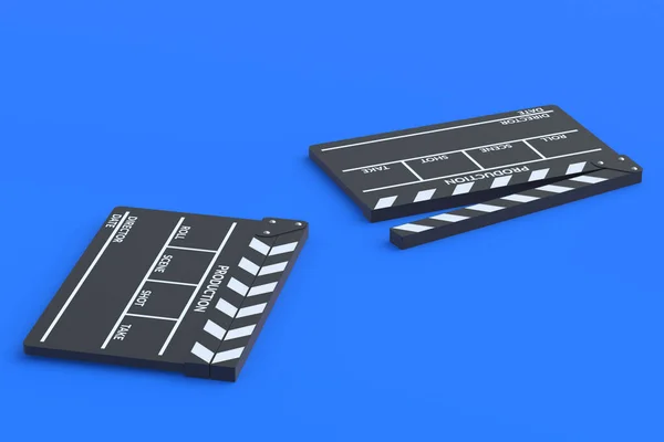 青い背景に映画のクラッパーボード アクセサリーを作る 映画のコンセプト 映画館で撮影 3Dレンダリング — ストック写真