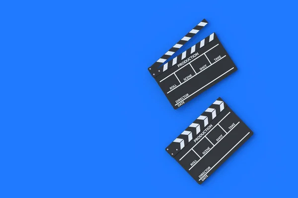青い背景に映画のクラッパーボード アクセサリーを作る 映画のコンセプト 映画館で撮影 最上階だ コピースペース 3Dレンダリング — ストック写真