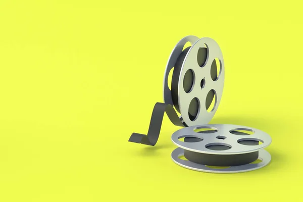 Carrete Película Marco Metal Sobre Fondo Amarillo Cinta Cine Tecnología —  Fotos de Stock