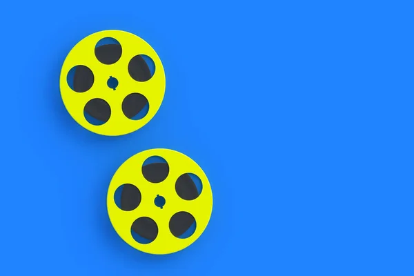 Filmspule Gelbem Metallrahmen Auf Blauem Hintergrund Filmkassette Retro Technologie Kino — Stockfoto