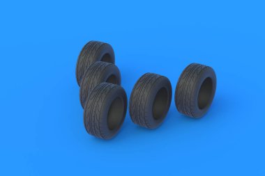 Mavi arka planda modern araba lastikleri. Otomotiv parçaları. Trafik emniyeti. Otomobil servisi. Lastik almak, satmak. 3d hazırlayıcı