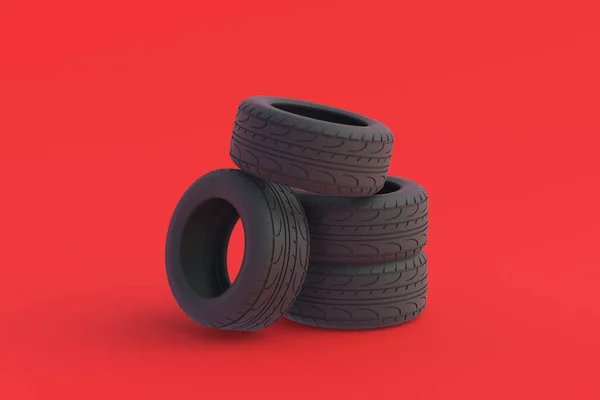 Heap Car Rubber Tyres Red Background Automotive Parts Traffic Safety — Stock Photo, Image