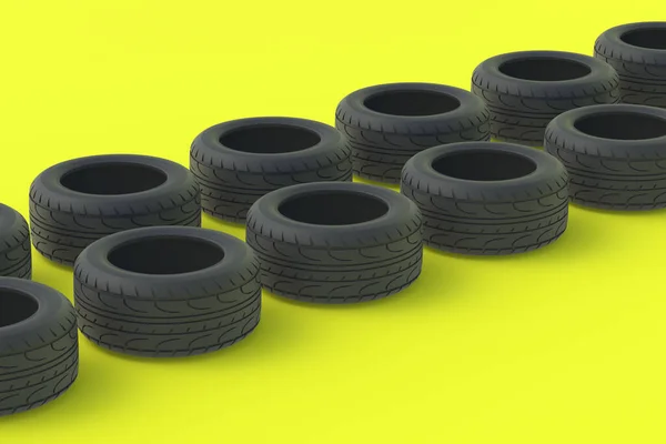 黄色底座上的一排汽车橡胶轮胎 汽车零部件 交通安全 汽车服务 卖轮胎 3D渲染 — 图库照片