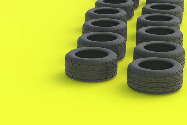 黄色底座上的一排汽车橡胶轮胎 汽车零部件 交通安全 汽车服务 卖轮胎 复制空间 3D渲染 — 图库照片