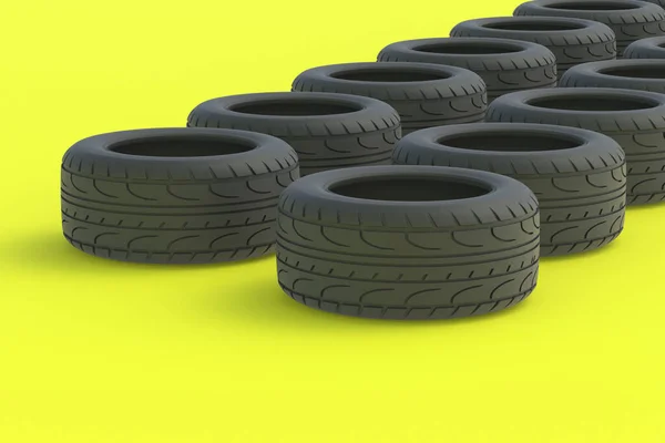 黄色底座上的一排汽车橡胶轮胎 汽车零部件 交通安全 汽车服务 卖轮胎 3D渲染 — 图库照片