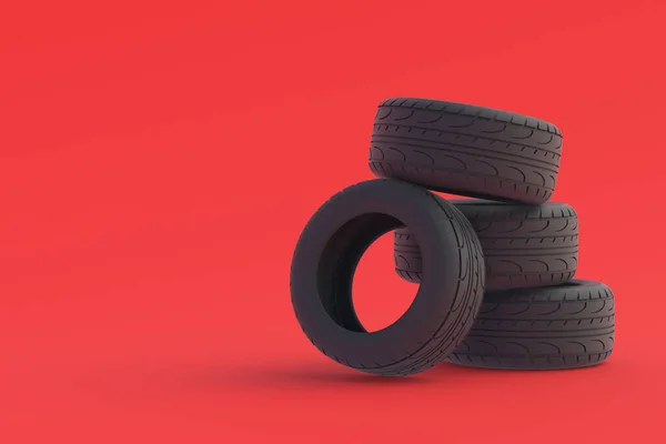 Heap Car Rubber Tyres Red Background Automotive Parts Traffic Safety — Stock Photo, Image