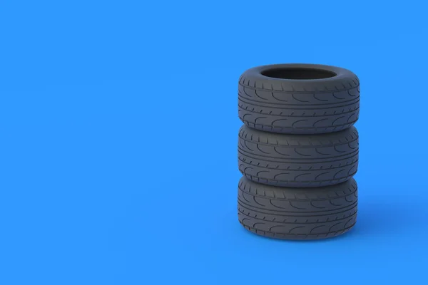 蓝色底的车胎堆积如山 汽车零部件 交通安全 汽车服务 卖轮胎 复制空间 3D渲染 — 图库照片