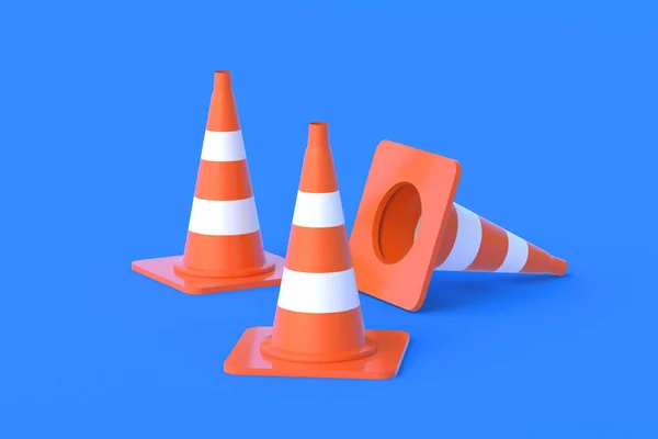 Striped Traffic Cones Barriers Blue Background Road Safety Prohibition Passage — Stock Photo, Image