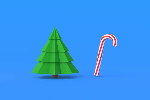 Green Christmas Tree Red Striped Candy Blue Background Happy New — Stock Photo, Image