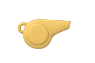 Yellow whistle isolated on white background. Sports equipment. Side view. 3d render