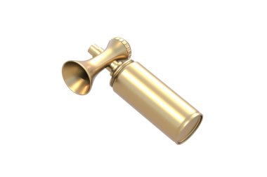 Golden air horn isolated on white background. Equipment for sports fans. Accessory for celebration. 3d render