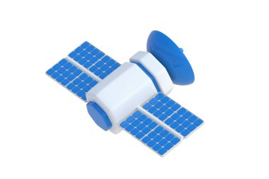 Uydu beyaz arkaplanda izole edildi. Uzay araştırma ekipmanları. Küresel iletişim Yayın ve veri iletimi için anten. Arkadan bak. 3d hazırlayıcı